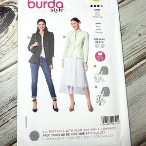May include: A Burda Style sewing pattern packet featuring images of women wearing jackets. The packet includes the text "burda style" in pink and the pattern number 6029. The packet also includes the text "ALL PATTERNS WITH SEAM AND HEM ALLOWANCES".