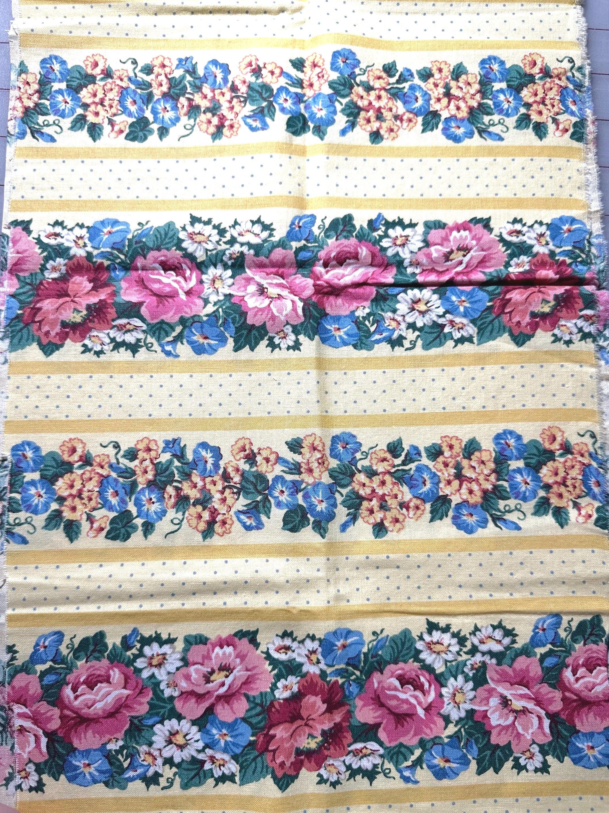 Pink Roses Vine Ivy Green Floral Stripe on Yellow Blue Pin Dots
