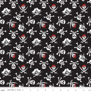 Pirate Tales Skulls Black . C9683-BLACK by Riley Blake. Fabric by the yard. Skull fabric. Pirate fabric. Black Red White Fabric.