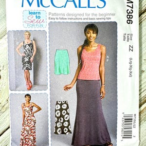 以下が含まれることがあります： McCall's M7386の縫製パターン。パッケージには、ドレスやスカートを着た女性の写真が掲載されています。「learn to sew for fun」の文字が見えます。このパターンは初心者向けに設計されており、わかりやすい説明書が付属しています。
