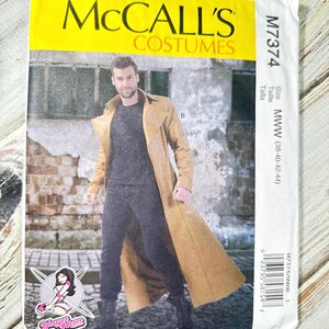 May include: McCall's Costumes pattern M7374 featuring a man in a long tan coat, gray shirt, and black pants. The pattern includes size MWW (38-40-42-44). The package has a yellow banner with the McCall's logo and a Yolfier logo.