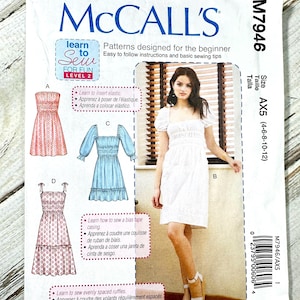Women’s Dress Sizes 4-12. Pullover dress, elastic waist stretch, ruffles tiered. Easy Paper Sewing Pattern McCalls Misses. New Uncut 7946