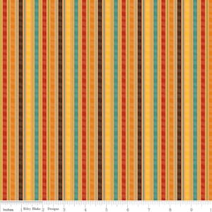 May include: A seamless pattern of vertical stripes in various shades of orange, yellow, brown, and teal. The stripes are thin and create a repeating pattern.