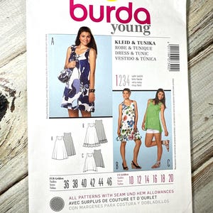 May include: A Burda Young sewing pattern for a dress and tunic. The pattern features illustrations of the finished garments, including a floral print dress and a green tunic. The pattern includes sizing information in both EUR and US sizes.