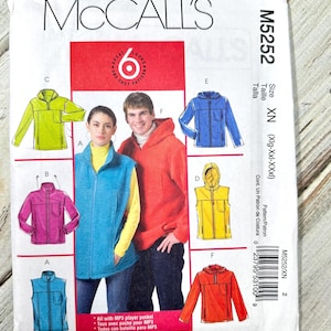 Unisex Jacket & Vest Size XL-XXXL (46-56). Hooded Pullover, Pockets, Men Women, zipper fleece. Paper Sewing Pattern McCalls. New Uncut M5252