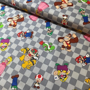 Nintendo Mario Fabric From Springs Creative multi collection. Quilting 100% Cotton. Video Game trending boys. Checkered licensed cartoon