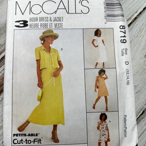 May include: McCall's pattern 8719 for a 3-hour dress and jacket. The pattern is for sizes 12, 14, and 16. The pattern is petite-able and cut-to-fit. The pattern is part of the Woman's Day Collection.