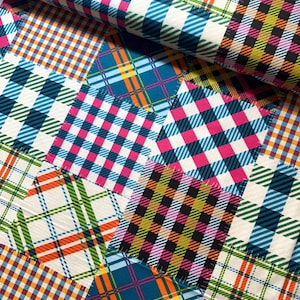 May include: Close-up of a patchwork fabric with a variety of plaid patterns in vibrant colors. The design features squares of different plaid styles in shades of blue, pink, orange, green, and black, creating a colorful textile.