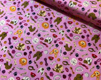 Dogs and Toys on Pink poly Cotton durable soft hand polyester Fabric by the yard. Joann Fabrics OOP RARE Animal pets bandana bones paws