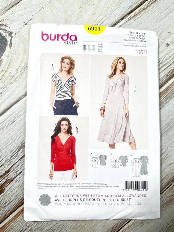 Women's Top Dress Sizes 8-20. Twist Knot Bodice Shirt, Draped A-line  Stretch Fit Easy. Paper Sewing Pattern Burda Misses. New Uncut 6911 - Etsy