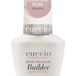 Puede incluir: Botella blanca de esmalte de uñas en gel soak-off Cuccio Professional Builder. La botella tiene una tapa blanca con un círculo rosa que dice "GLEAMING ROSE" y "CPGL6273". La botella contiene 13 ml de producto.
