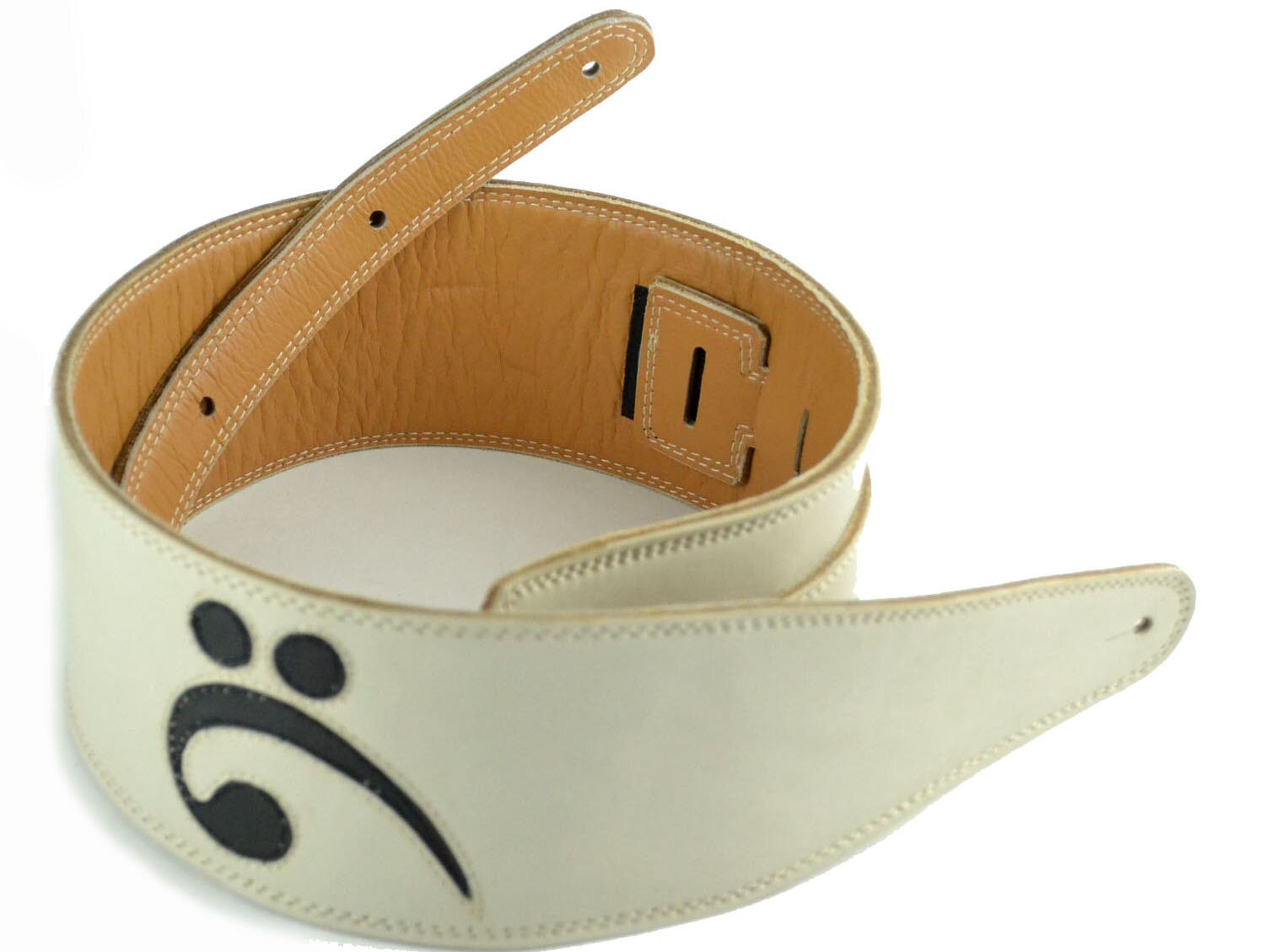 White Leather Bass Guitar Strap Handmade With Black Bass Clef Etsy