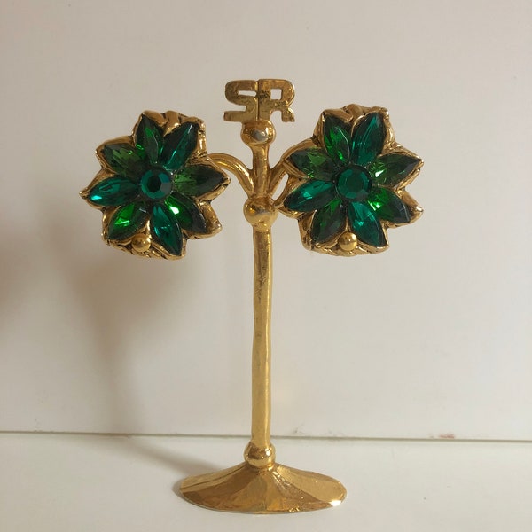 Kalinger Large Green Flower Earrings Vintage 90s