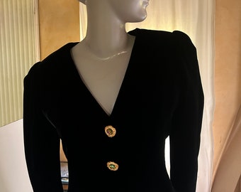 Yves Saint Laurent Black Silk Velvet Jacket Fitted Jeweled Buttons 1980s