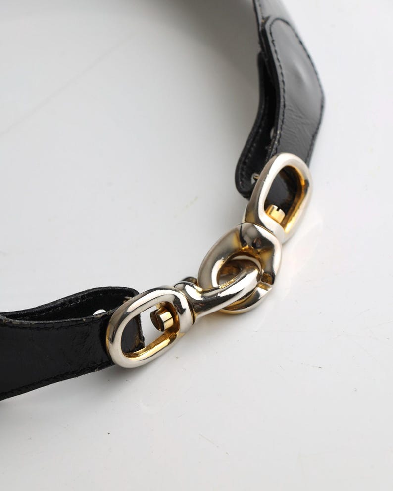 Céline Paris Black Patent Leather Belt with Gold Buckle 80s image 4