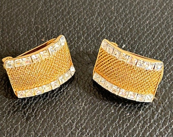 Balenciaga Boucles d'Oreilles Crystal Mesh Panel Dorées Années 80