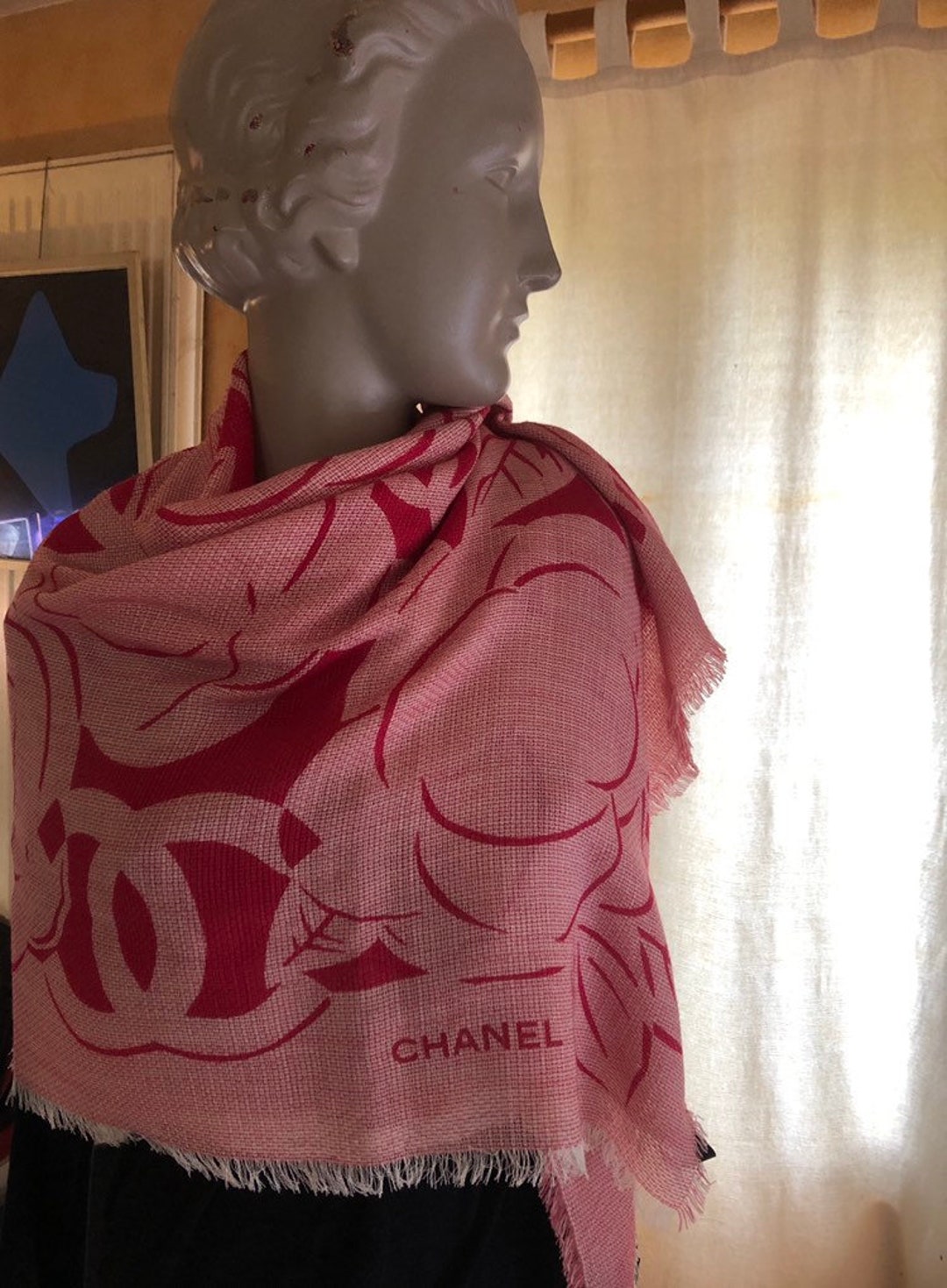 Chanel Large Wool and Silk Scarf Camélia and Vintage CC Logo -  UK