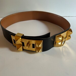 Hermès Medor hondenhalsband riem zwart leer gouden afwerkingen 1986