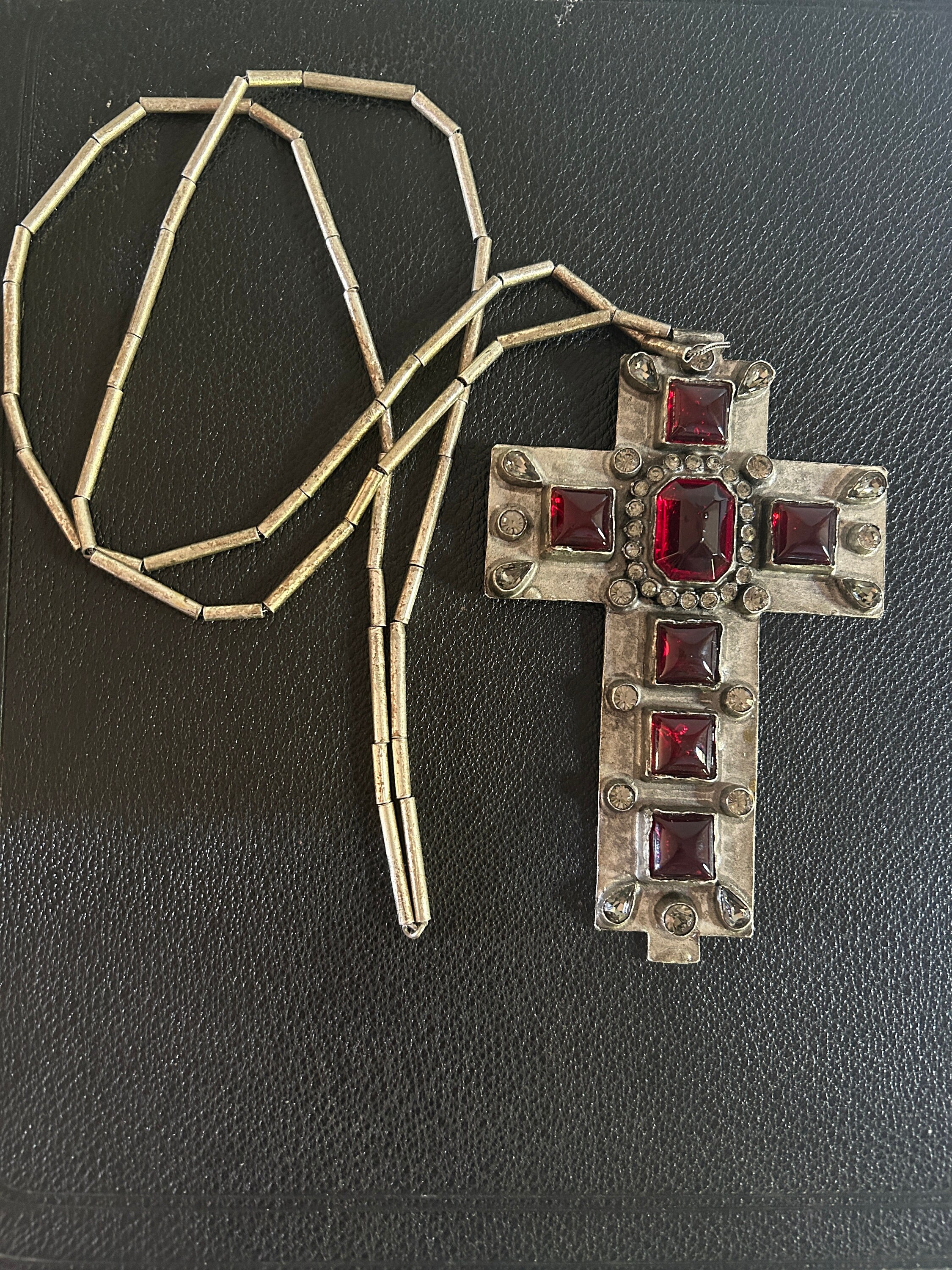 JEAN PAUL GAULTIER Large Red Cabochon Cross Pendant Necklace JEAN PAUL GAULTIER Large Red Cabochon Cross Pendant Necklace