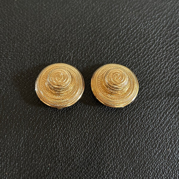 Nina Ricci Boucles d'Oreilles Dorées Modèle Canotier Chapeau Années 80