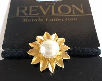 Revlon élastique cheveux fleur dorée et fausse perle vintage jamais utilisée