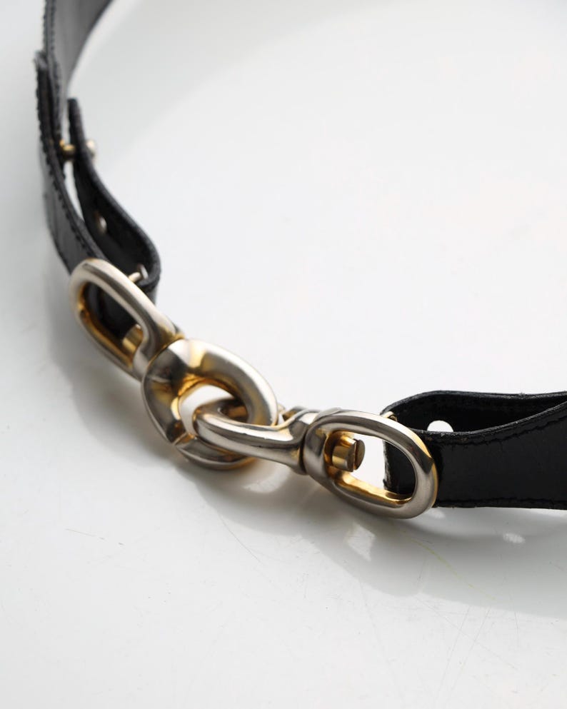 Céline Paris Black Patent Leather Belt with Gold Buckle 80s image 11