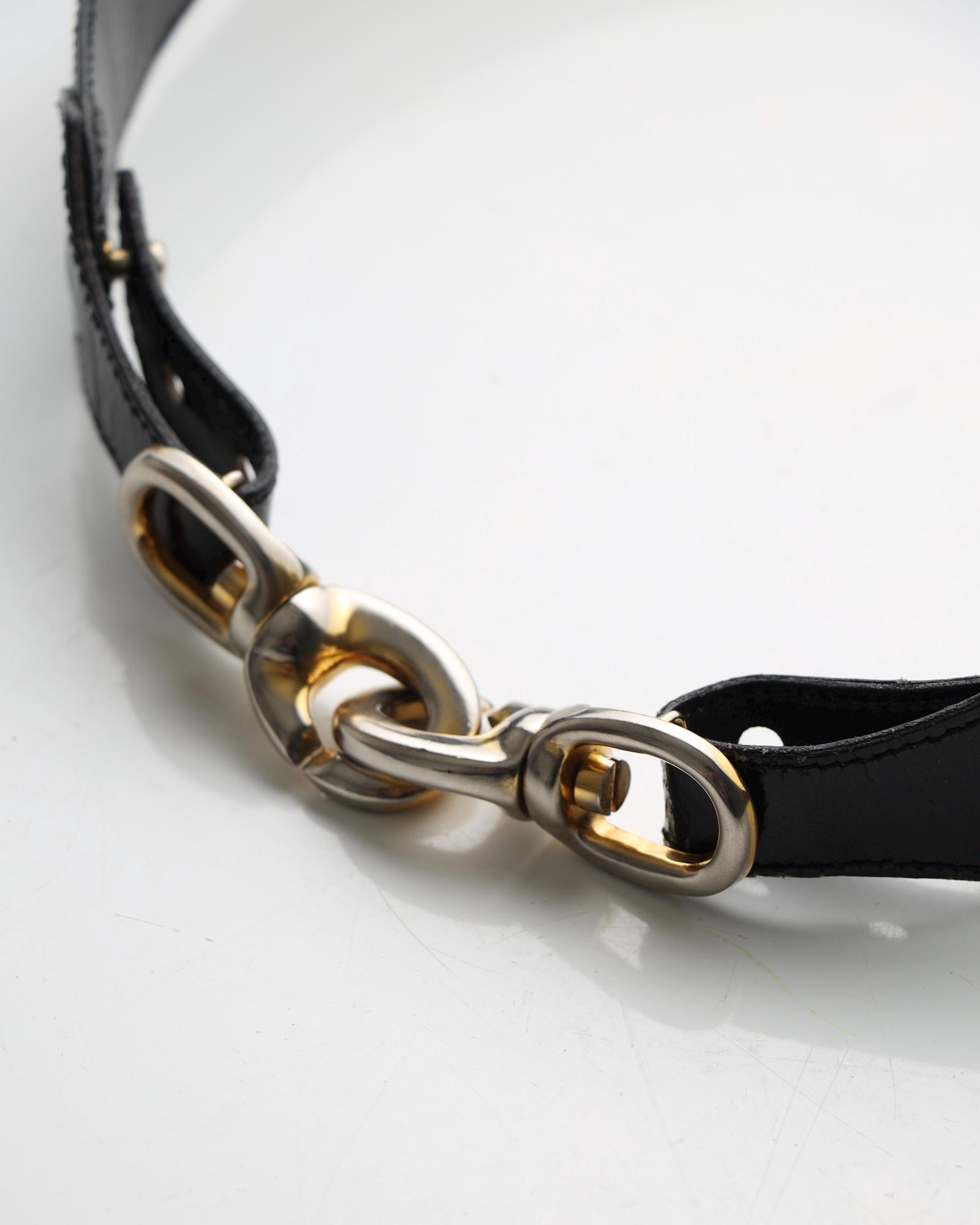 Authentic Celine Vintage Black Patent Leather Gold Buckle Chain Belt Size 70 Céline Paris Black Patent Leather Belt With Gold Buckle 80s  main image 4