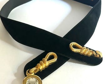 Charles Jourdan black suede leather belt with jewel clasp, large rhinestones and gold-tone metal, vintage 1980s