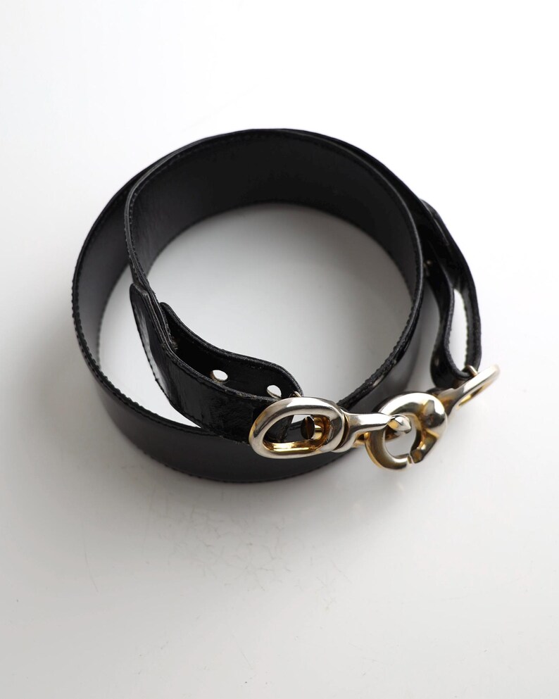 Céline Paris Black Patent Leather Belt with Gold Buckle 80s image 3