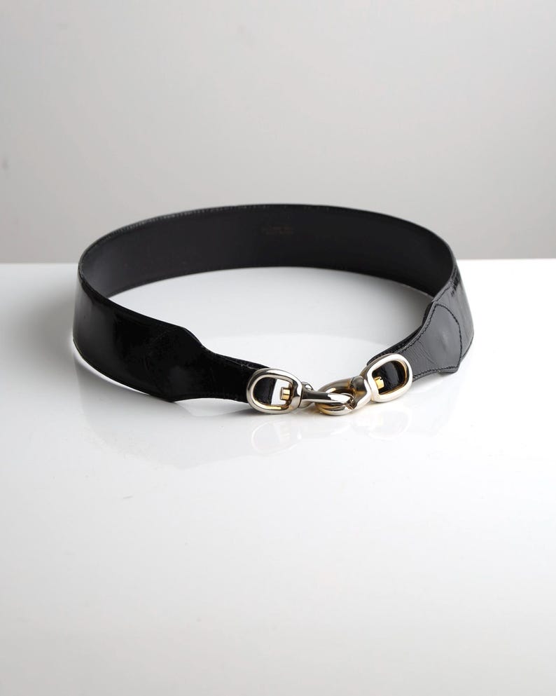 Céline Paris Black Patent Leather Belt with Gold Buckle 80s image 2