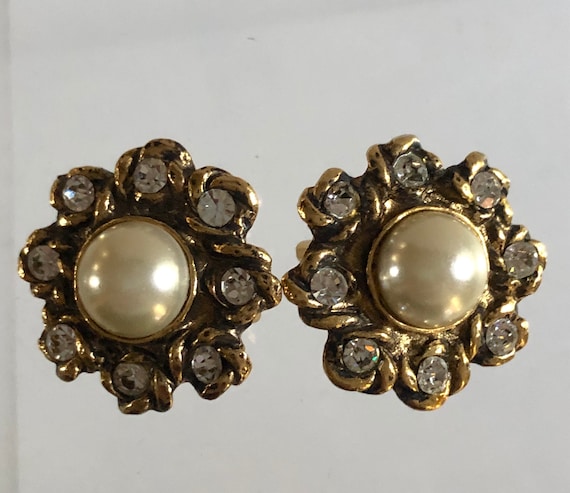 Guy Laroche boucles d'oreilles perle cristal Swarovski dorée Vintage