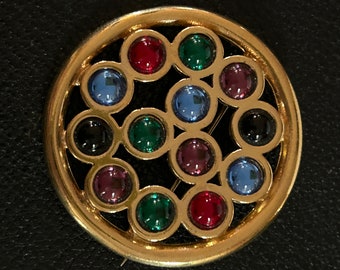 Paco Rabanne Large Golden Brooch with Multicolored Glass Cabochons 1990s