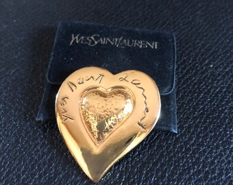 Authentic Yves Saint Laurent Gold Brooch YSL Heart in Handwritten Letters 90s Never Worn