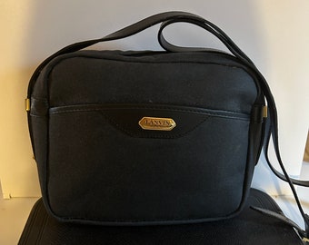 Lanvin Paris Sac Besace Bandoulière Toile Enduite et Cuir Noir Années 70