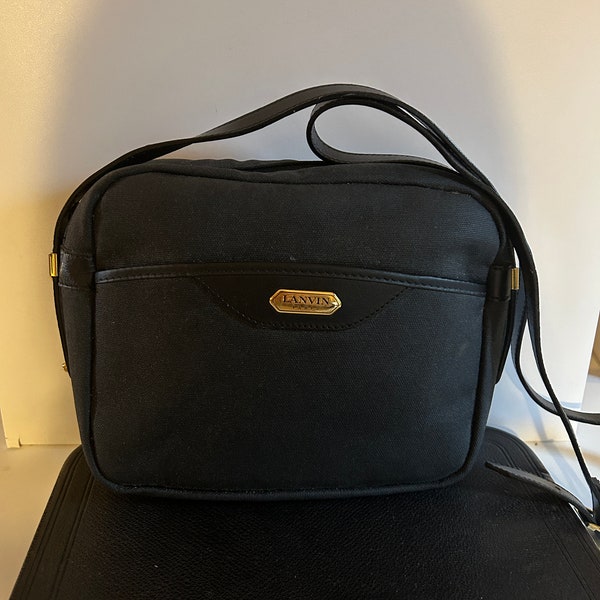 Lanvin Paris Sac Besace Bandoulière Toile Enduite et Cuir Noir Années 70