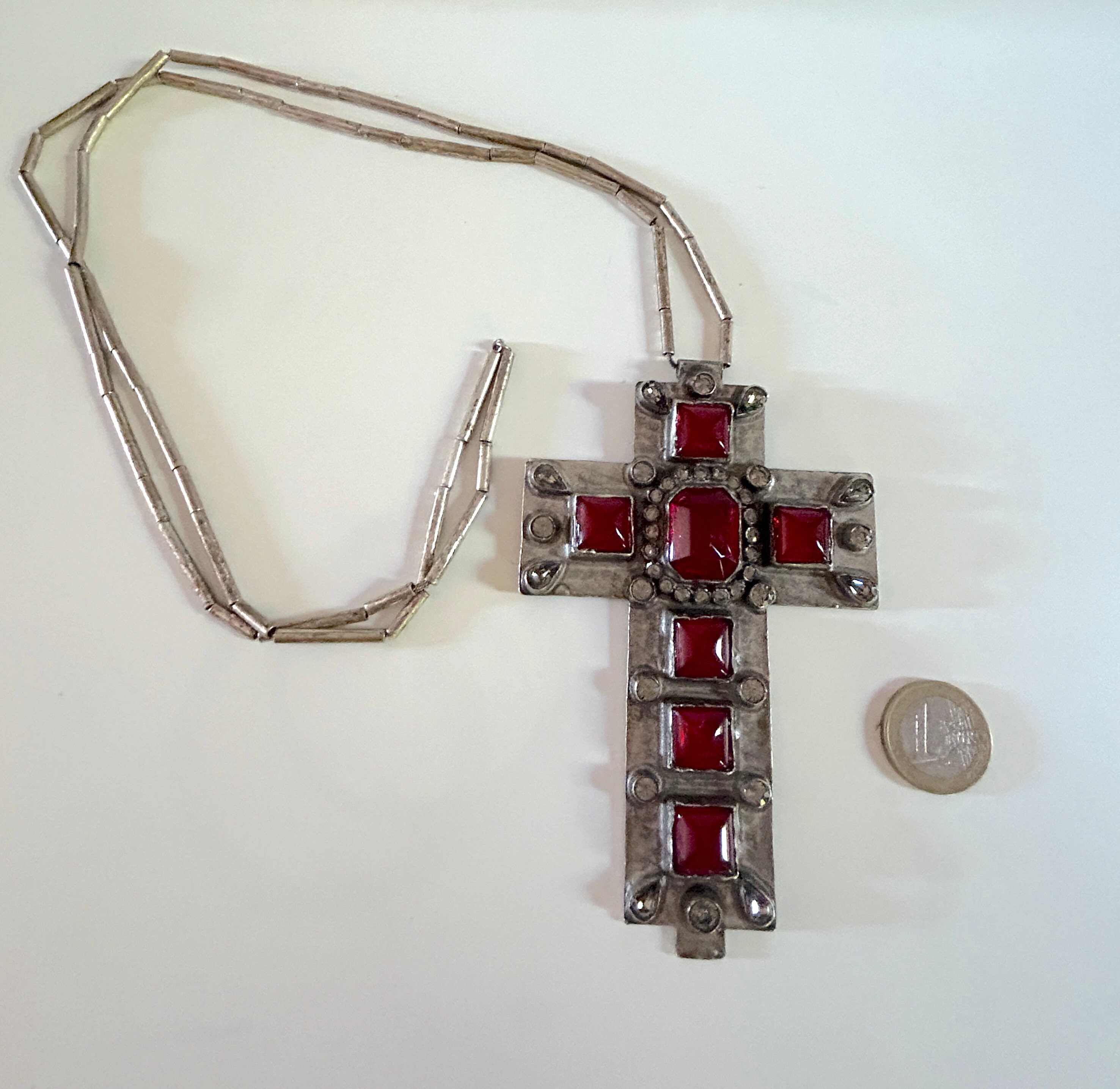 JEAN PAUL GAULTIER Large Red Cabochon Cross Pendant Necklace JEAN PAUL GAULTIER Large Red Cabochon Cross Pendant Necklace