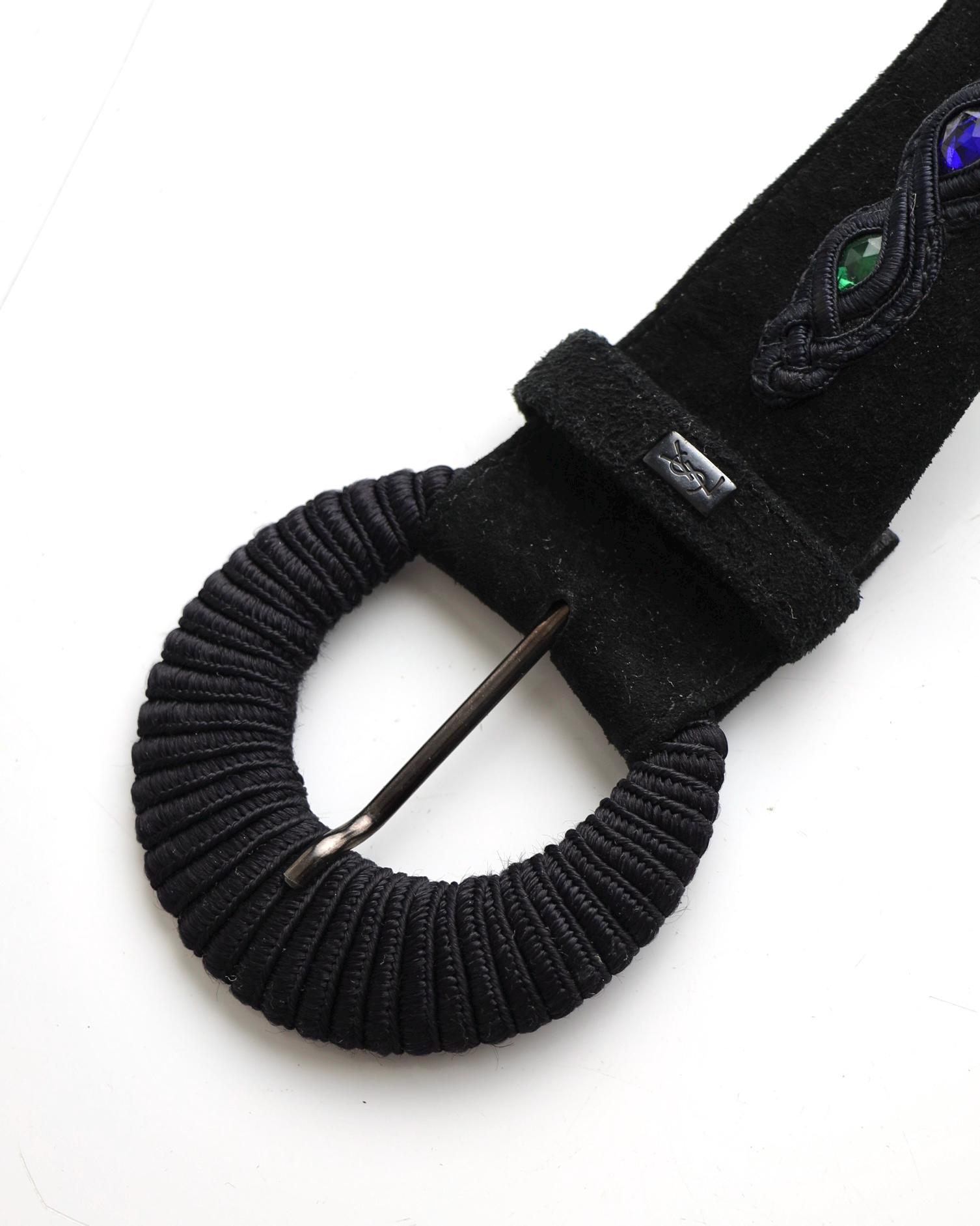 YVES SAINT LAURENT Black Suede Belt With Colored Rhinestones 