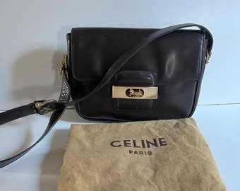 Céline Paris Leather Box Bag Calèche Sulky Clasp Brown 70s Iconic