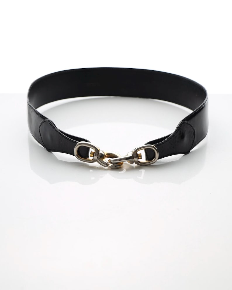 Céline Paris Black Patent Leather Belt with Gold Buckle 80s image 1