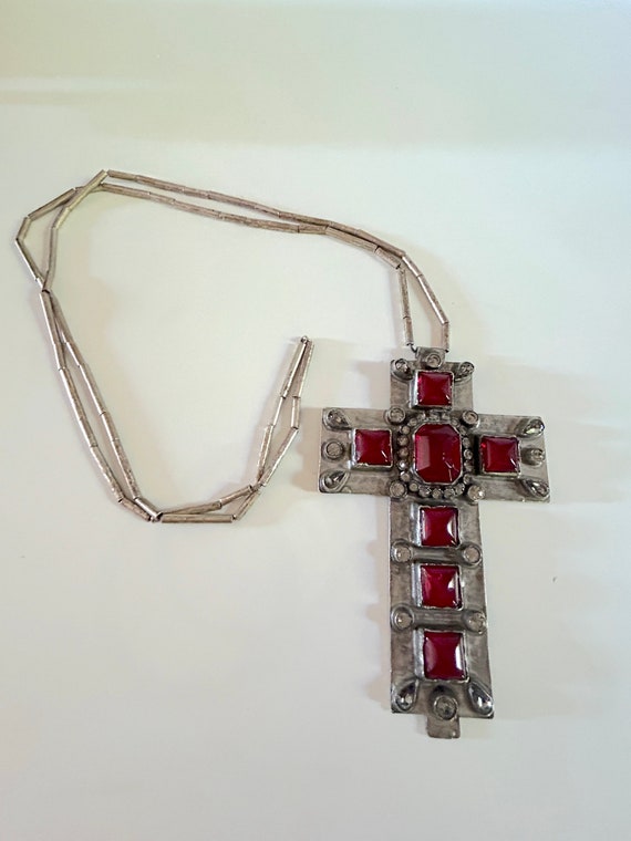 JEAN PAUL GAULTIER Large Red Cabochon Cross Pendant Necklace