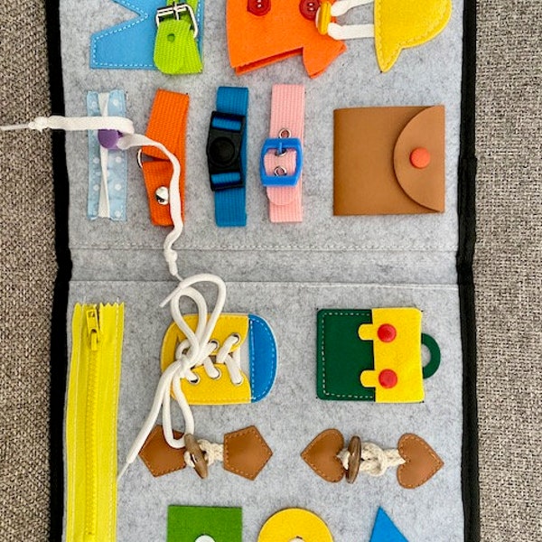 Montessori Quiet Activity Board, Soft Busy Book for Toddlers and Preschoolers with buckles, zippers, letters, numbers. Great for Travel!