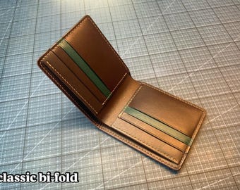 ハンドメイドのツートンレザー二つ折り財布：フルグレイン、ベジタブルタンニンなめし