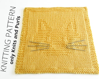 CAT HEAD Dishcloth knitting pattern - Beginner Cat cloth pattern - I love cats, Knit and Purl, Instant download, ohlalana