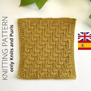 May include: A knitted dishcloth in a mustard yellow color with a simple geometric pattern. The text "KNITTING PATTERN only Knits and Purl" is visible on the left side of the image.