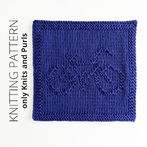 May include: A blue knitted dishcloth with a geometric pattern. The dishcloth is made with only knit and purl stitches.