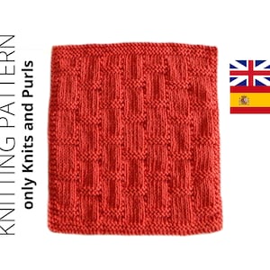 May include: A red knitted dishcloth with a woven pattern. The dishcloth is made with only knit and purl stitches.