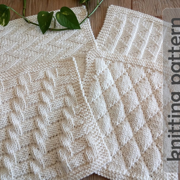 DISHCLOTH SET 5, dishcloth knitting pattern collection, 4 beginner patterns, - Easy knit patterns - Instant download, ohlalana