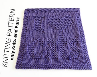 May include: A knitted square in a vibrant purple color, featuring the phrase "I ❤️ Knits" in a textured stitch. The square has a detailed border and is set against a white background. Text on the left side reads "KNITTING PATTERN only Knits and Purls".
