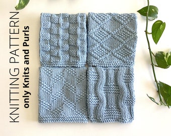 DISHCLOTH SET 7, dishcloth knitting pattern collection, 4 beginner patterns, Knits and purls, Easy knit patterns, Instant download, ohlalana