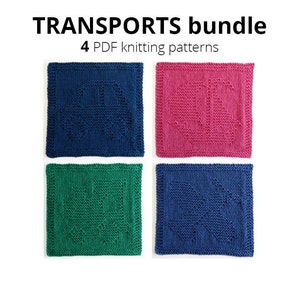 Puede incluir: Cuatro cuadrados tejidos que representan vehículos de diferentes colores. Los cuadrados son azules, rosas, verdes y azul oscuro. El texto "TRANSPORTS bundle" y "4 PDF knitting patterns" está por encima de los cuadrados.